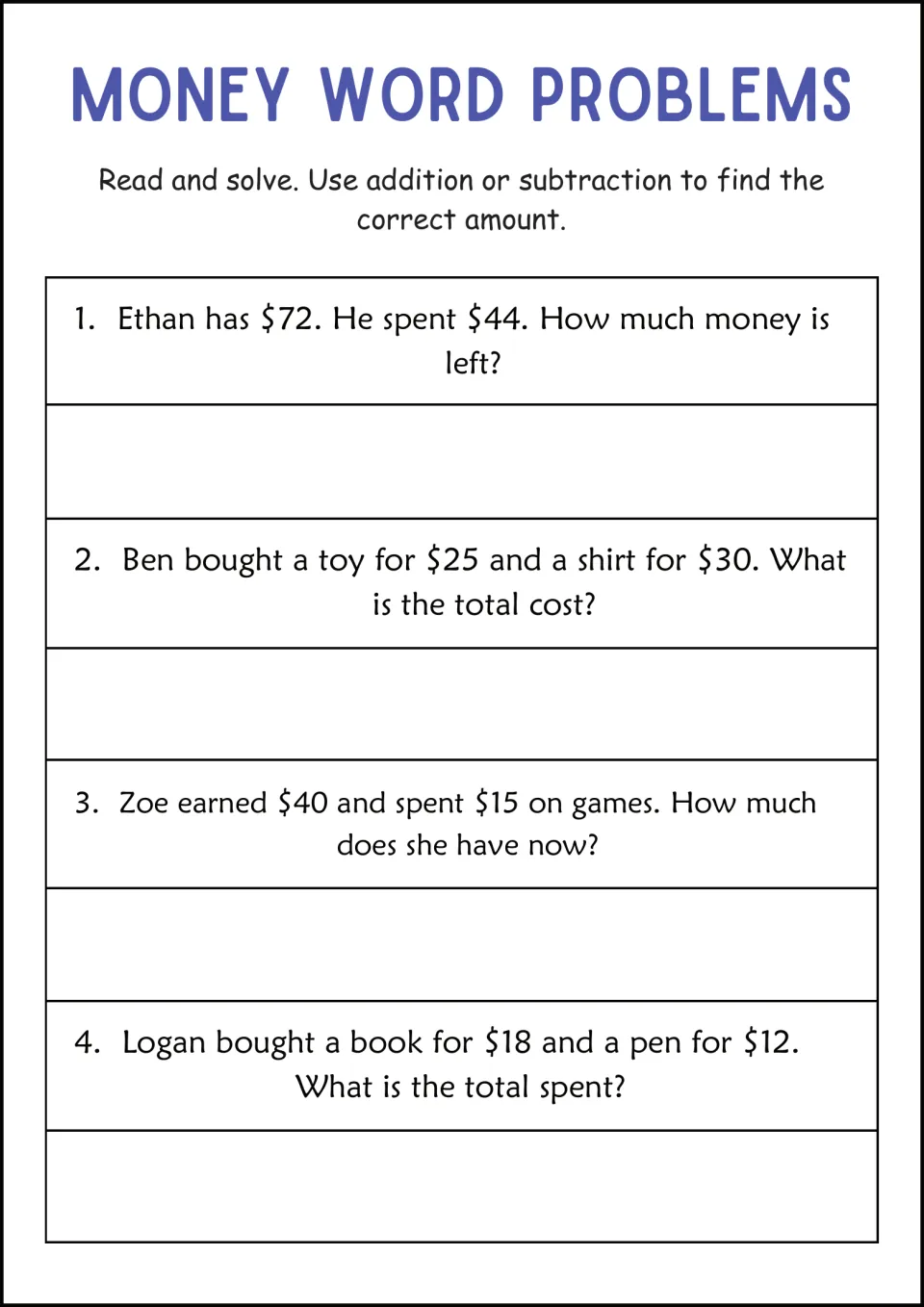 Dollar amounts in 4 stories: students subtract Ethan's $44 from $72 and add costs such as Logan's $18 book and $12 pen