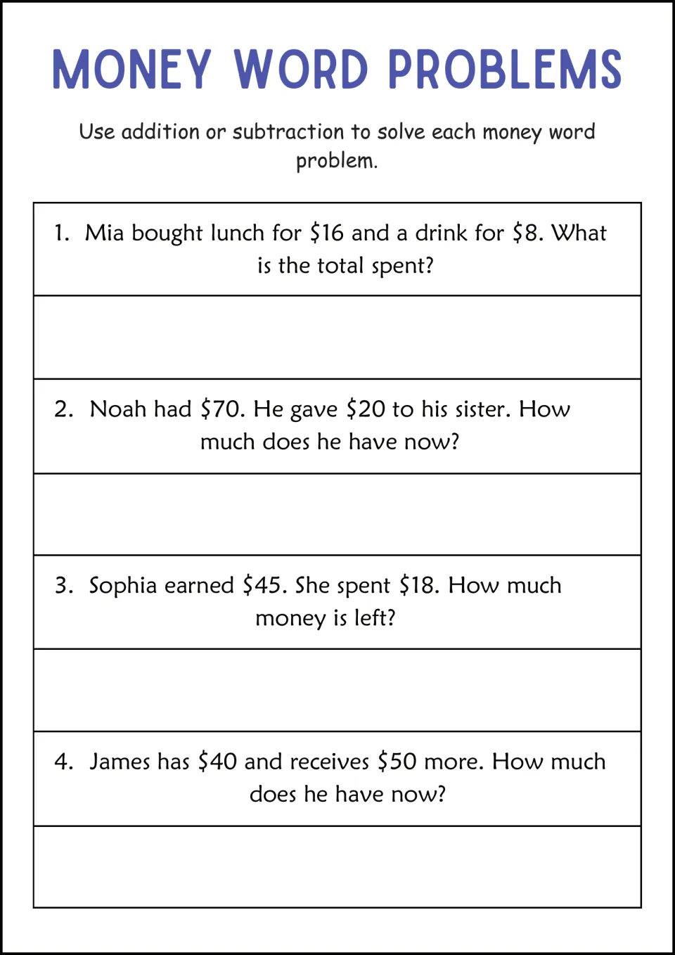 Adding and subtracting dollars: students total Mia's $16 lunch and $8 drink and find Sophia's $45 less $18 spent