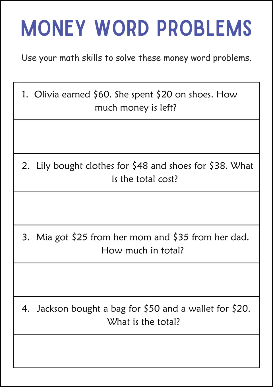Money totals practice: students find Olivia's $60 less $20 on shoes, and total clothes, gifts from parents and a bag