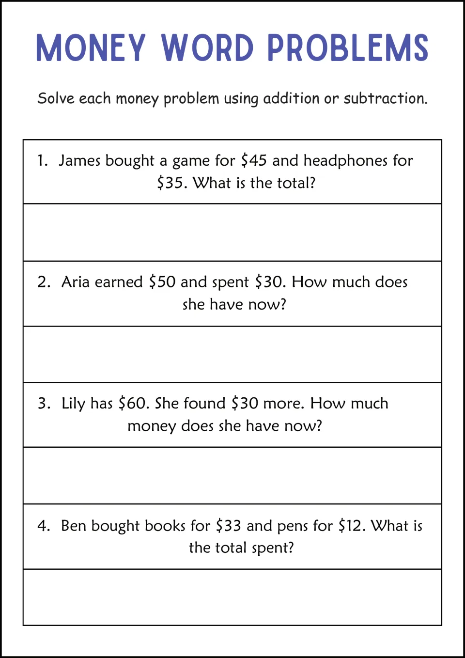 Earning, finding and buying: students total James's $45 game and $35 headphones and find Aria's $50 less $30 spent