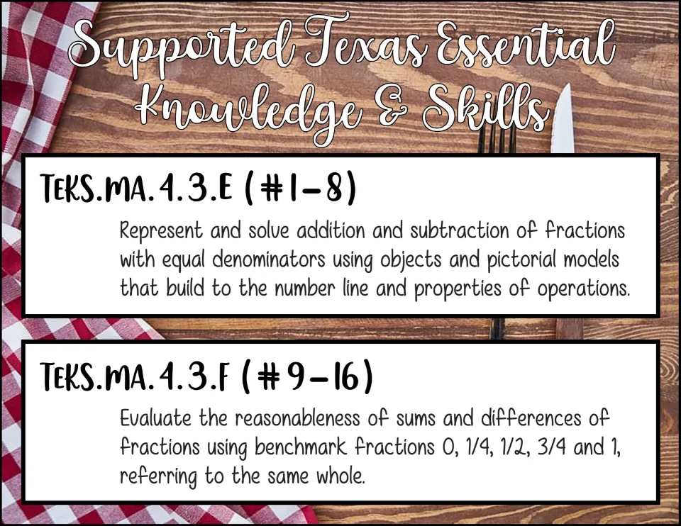 Standards list: TEKS 4.3.E for cards 1-8 on adding and subtracting like fractions; 4.3.F for 9-16 on benchmark reasoning