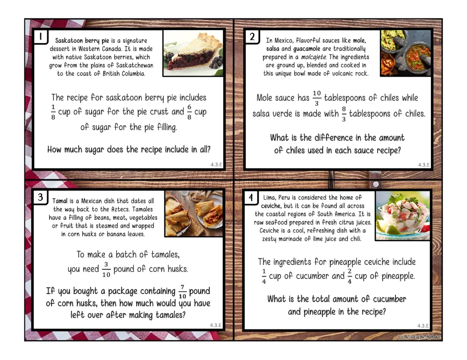 Task cards 1-4 in color: students add and subtract like fractions for Saskatoon berry pie, mole, tamales and ceviche