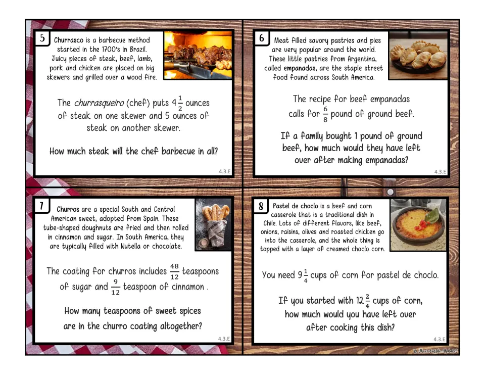 Task cards 5-8 in color: fraction and mixed-number problems about churrasco, empanadas, churros and pastel de choclo
