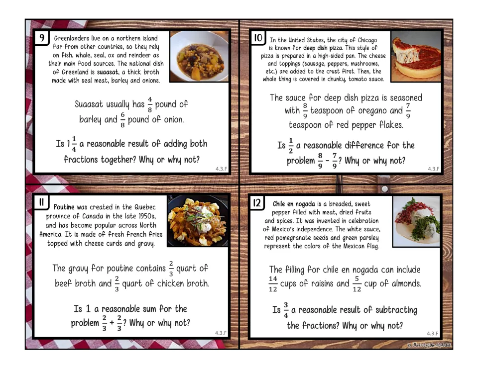 Task cards 9-12 in color: students judge whether fraction sums and differences are reasonable using benchmark fractions