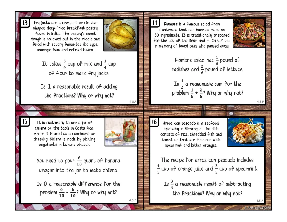 Task cards 13-16 in color: students check if fraction sums and differences make sense for fry jacks, fiambre and chilera