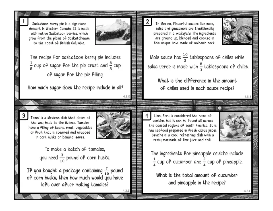 Black-and-white task cards 1-4: like-fraction recipe problems on berry pie sugar, chile amounts, corn husks and ceviche