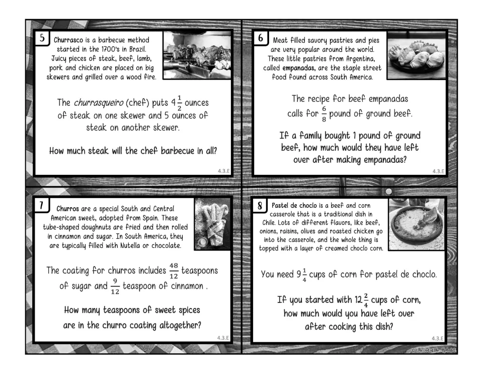 Black-and-white task cards 5-8: adding and subtracting mixed numbers and fractions for steak, beef, churros and corn