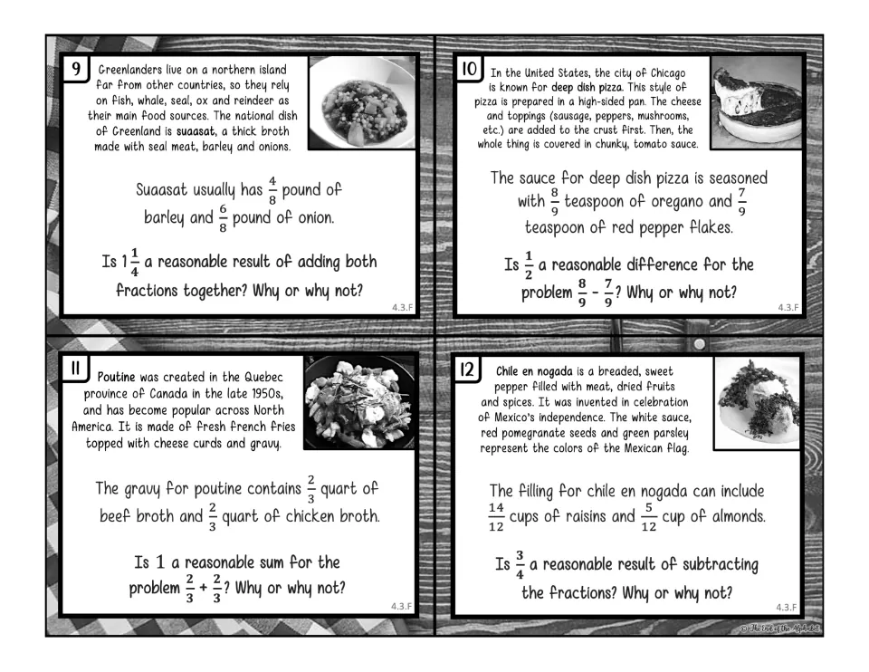 Black-and-white task cards 9-12: students decide if fraction answers are reasonable for suaasat, pizza and poutine