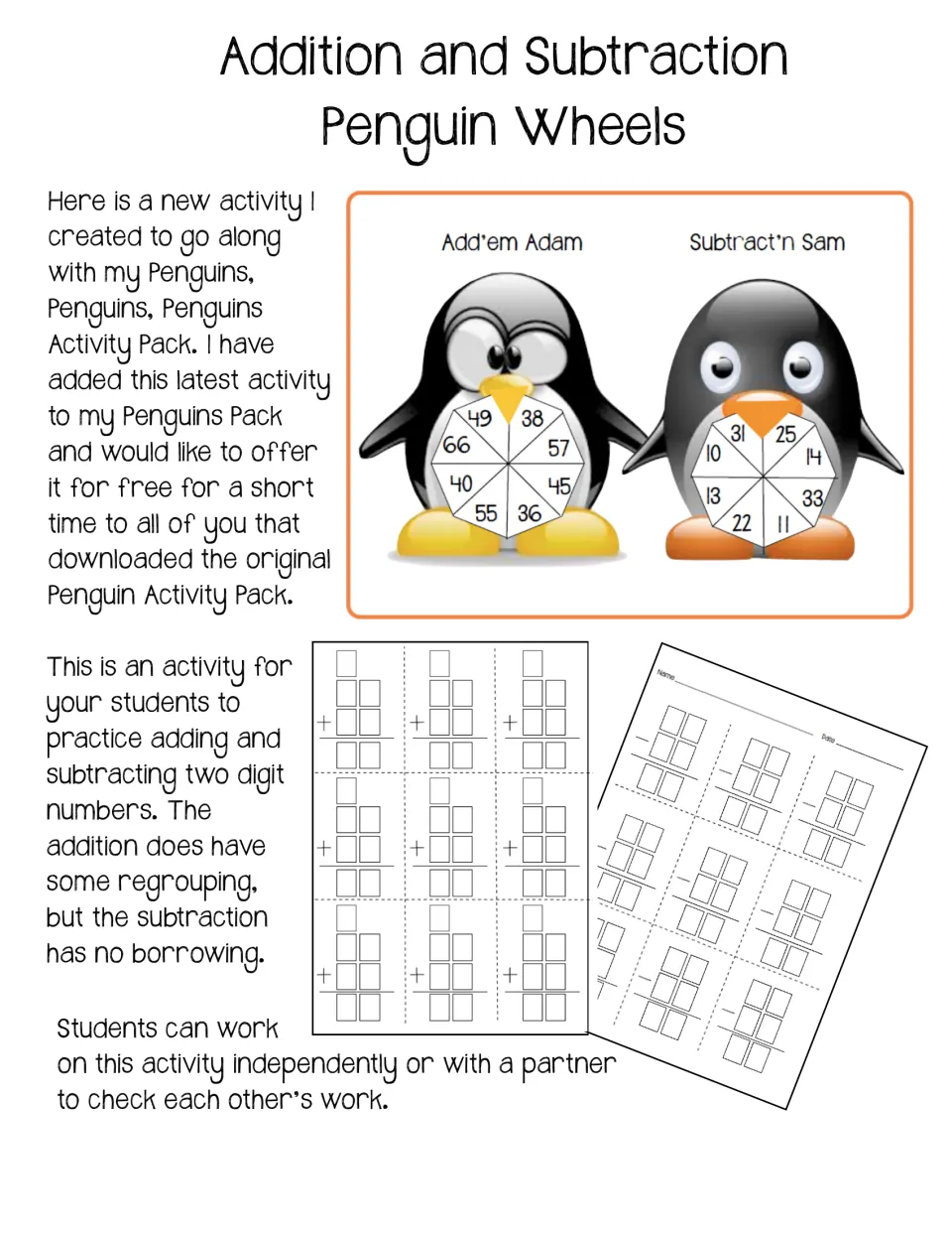 Addition and Subtraction Penguin Wheels cover: two penguin spinners and worksheets for two-digit adding and subtracting