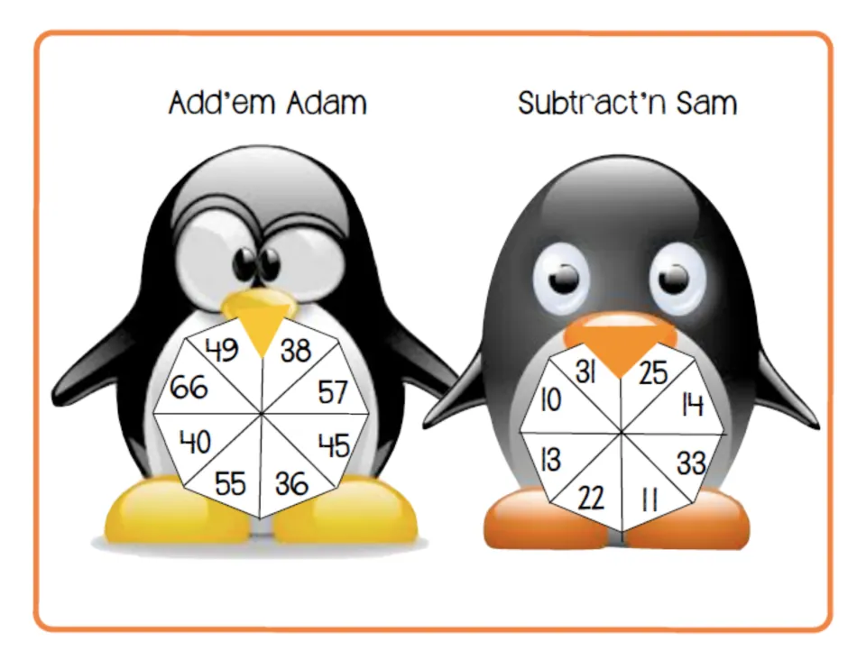 Two penguin spinners: Add'em Adam shows 36 to 66 and Subtract'n Sam shows 10 to 33, giving two-digit numbers to spin