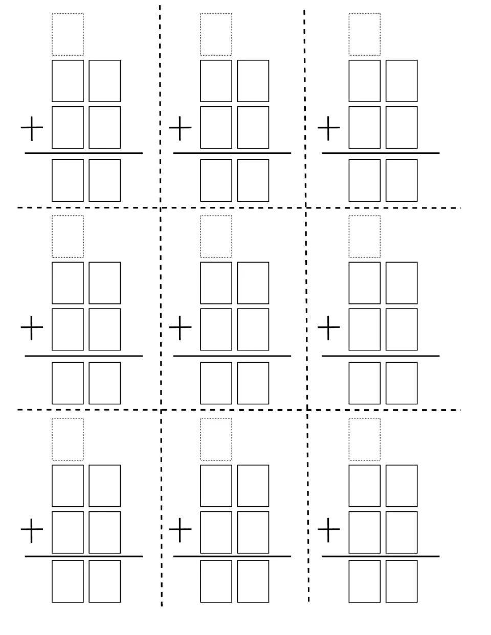 Two-digit addition recording sheet: students write the two spun numbers in nine plus problems and add, regrouping as needed
