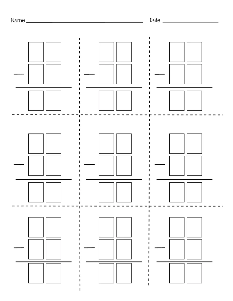 Two-digit subtraction recording sheet: students write Adam's number over Sam's in nine minus problems and subtract