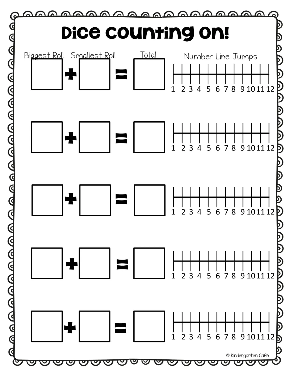 Dice Counting On: students add the biggest and smallest roll and show the jumps on a 1-12 number line for 5 sums