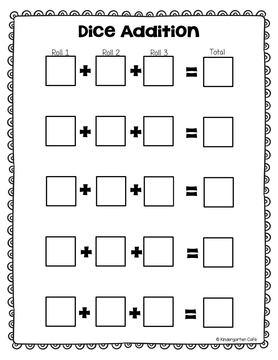 Dice Addition with three rolls: students roll dice three times and add Roll 1 + Roll 2 + Roll 3 to find 5 totals