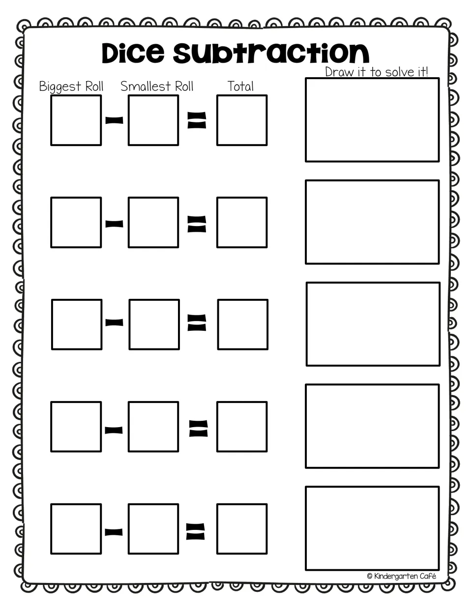 Dice Subtraction: students write biggest roll minus smallest roll for 5 problems and draw a picture to solve each one