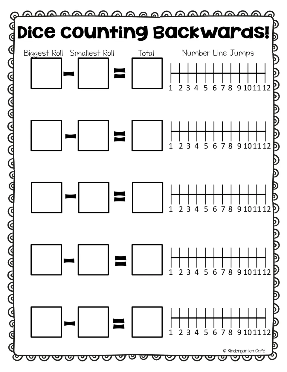 Dice Counting Backwards: students subtract the smallest roll from the biggest and show jumps back on a 1-12 number line