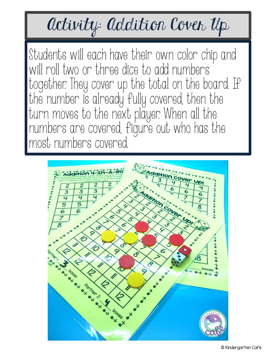 Addition Cover Up game rules: partners roll two or three dice, add, and cover the sum with their color chip on the board
