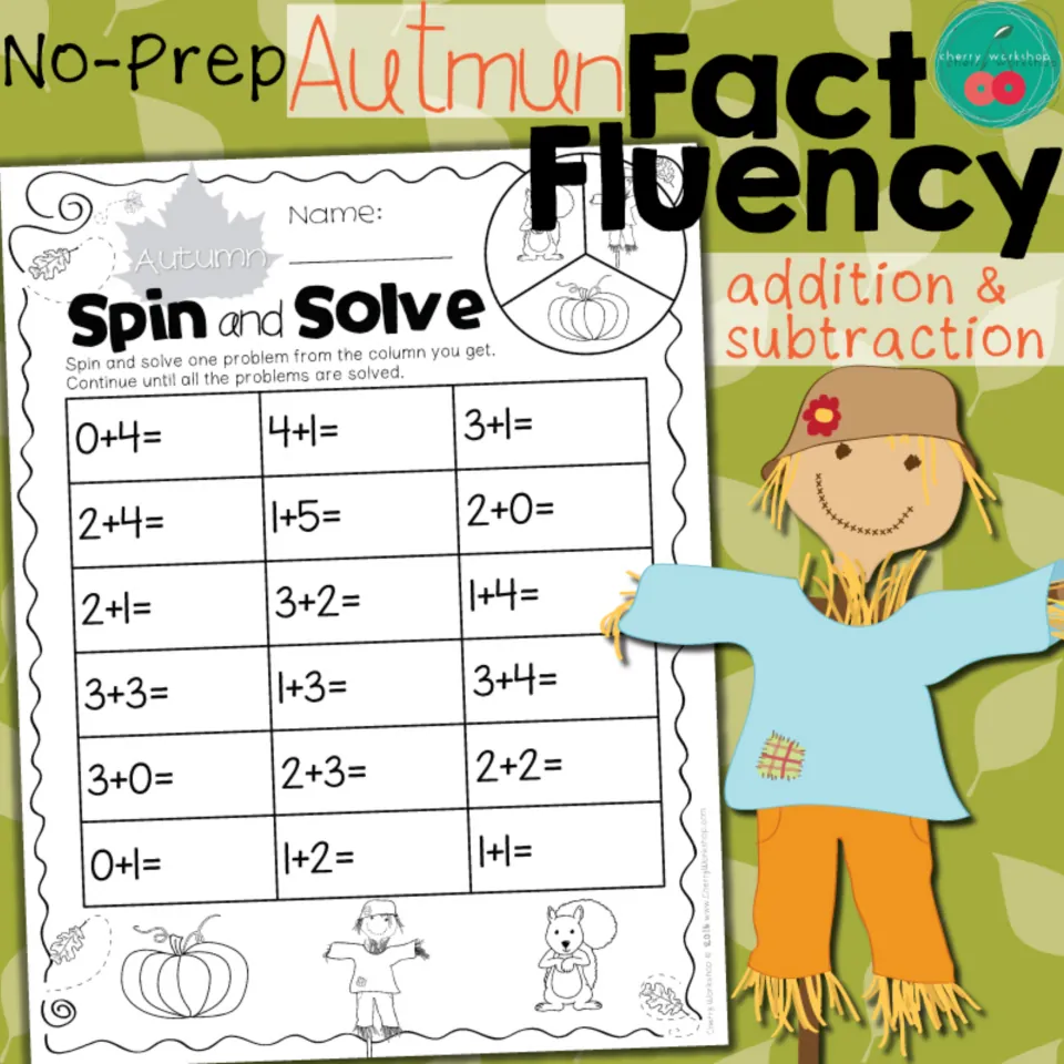 Cover for autumn addition and subtraction practice, labeled 'No-Prep Autumn Fact Fluency,' with a sample sheet