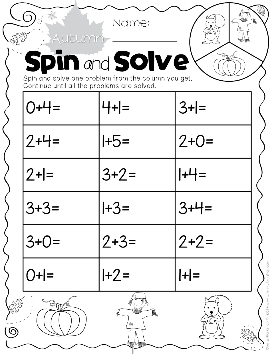 Addition practice sheet 1: 18 spin-and-solve problems, including 0+4, 2+4, 2+1, and 3+3, with sums to 7