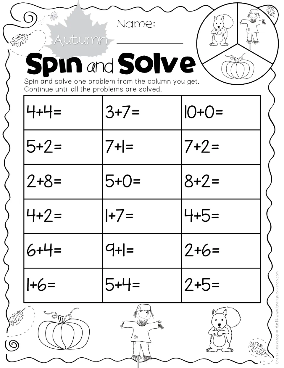 Addition practice sheet 2: 18 spin-and-solve problems, including 4+4, 3+7, 10+0, and 2+8, with sums to 10