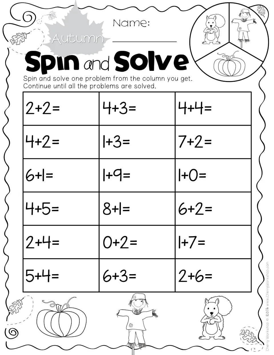 Addition practice sheet 3: 18 spin-and-solve problems, including 2+2, 4+3, 1+9, and 6+3, with sums to 10