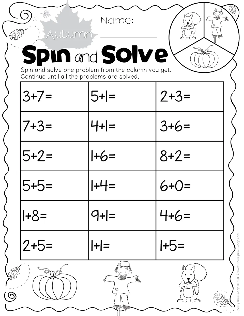 Addition practice sheet 4: 18 spin-and-solve problems, including 3+7, 7+3, 5+5, and 4+6, with sums to 10