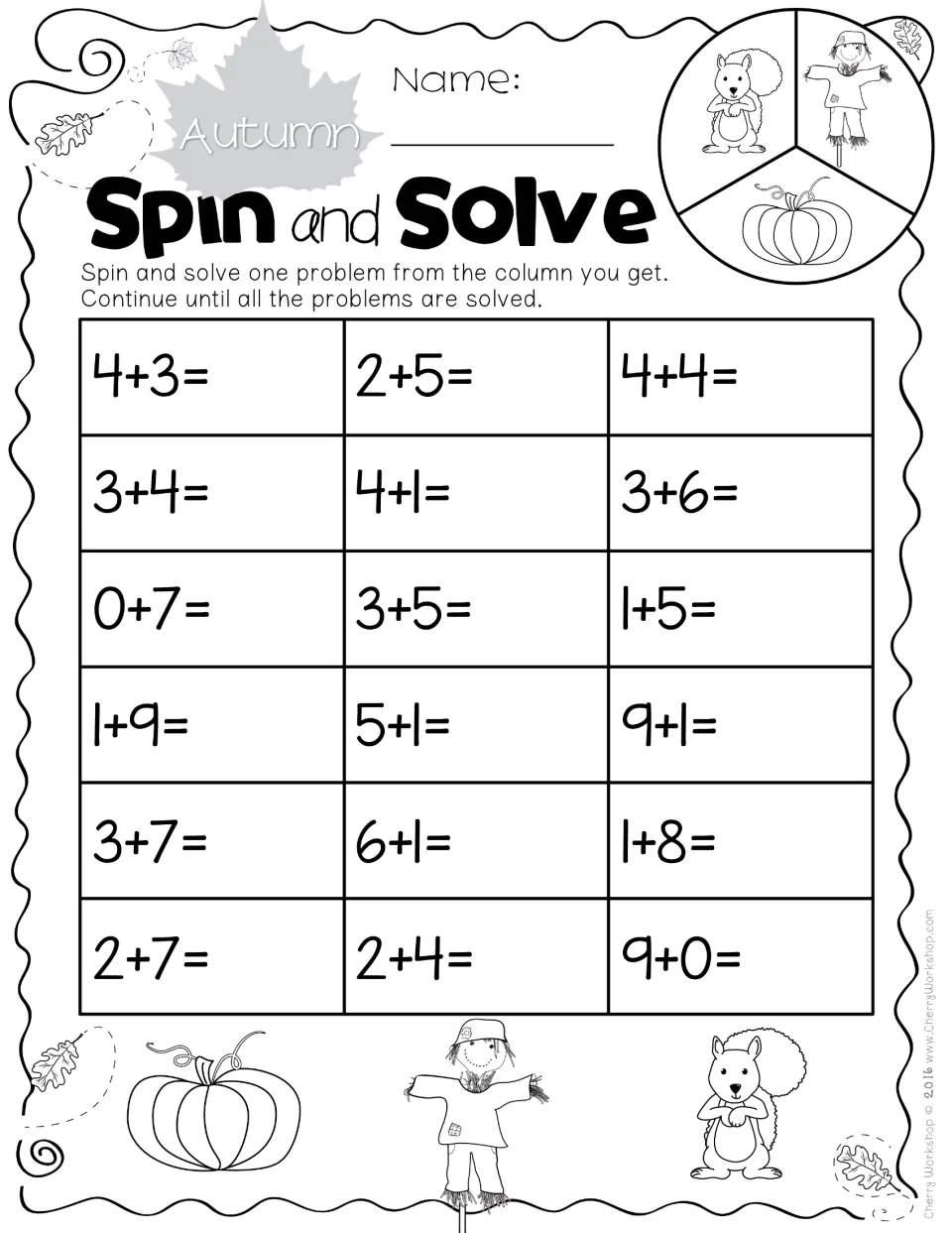 Addition practice sheet 5: 18 spin-and-solve problems, including 4+3, 3+4, 0+7, and 1+9, with sums to 10