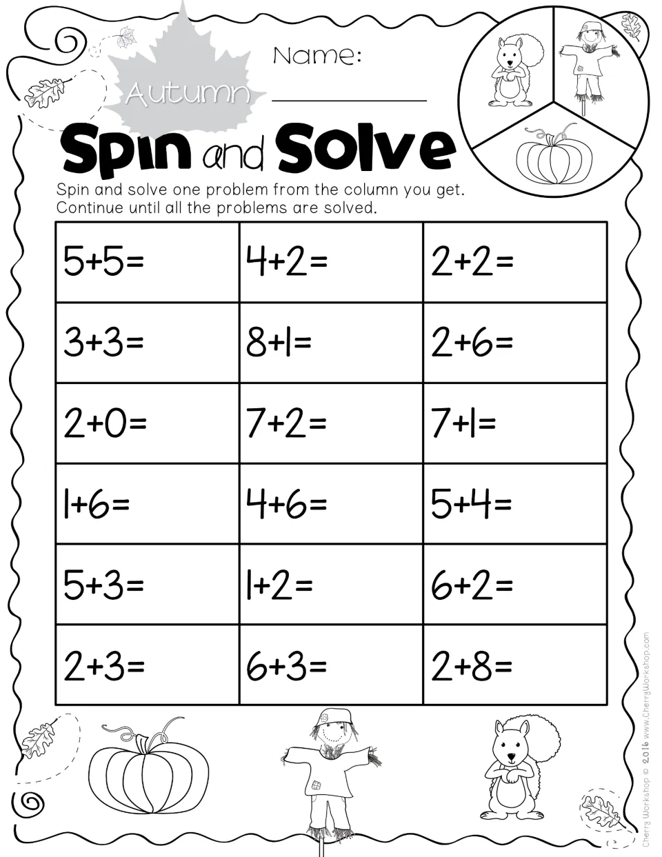 Addition practice sheet 6: 18 spin-and-solve problems, including 5+5, 3+3, 2+0, and 2+8, with sums to 10