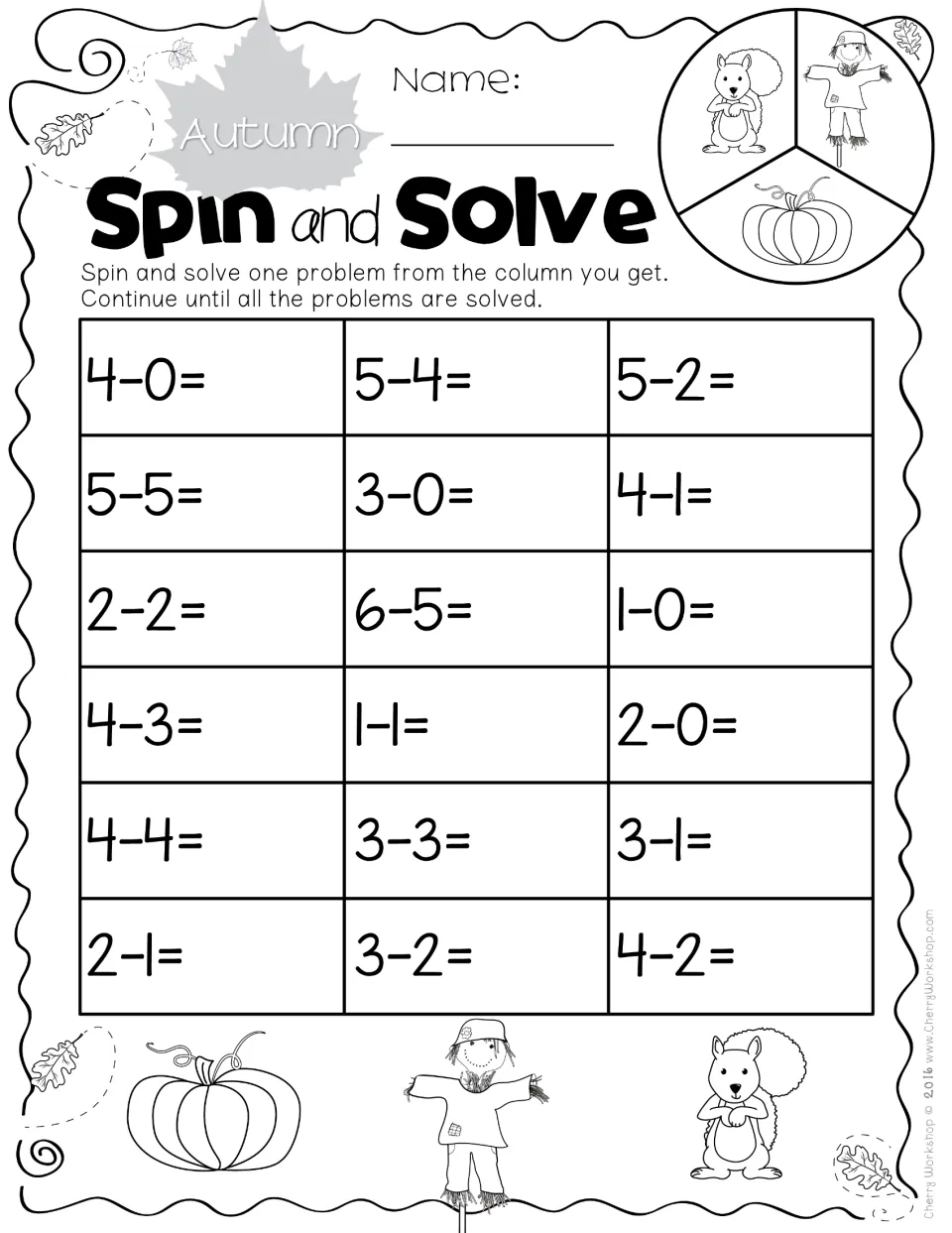 Subtraction practice sheet 1: 18 spin-and-solve problems within 6, including 4−0, 5−5, 6−5, and 4−2