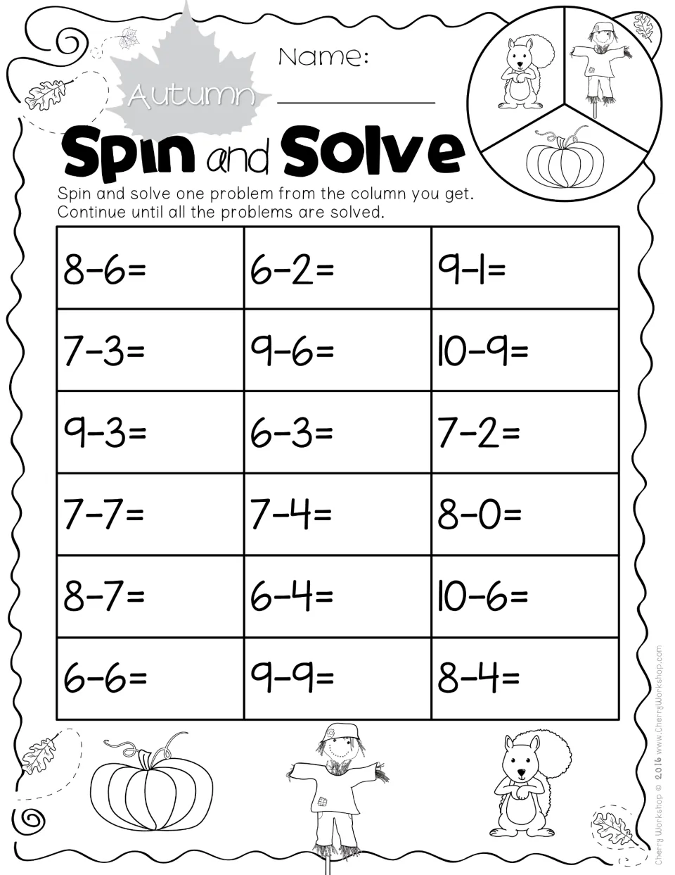 Subtraction practice sheet 2: 18 spin-and-solve problems within 10, including 8−6, 7−3, 10−9, and 9−9