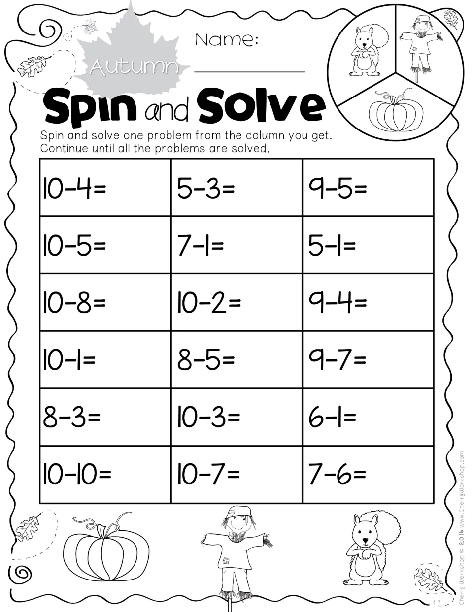 Subtraction practice sheet 3: 18 spin-and-solve problems within 10, including 10−4, 5−3, 9−5, and 10−10