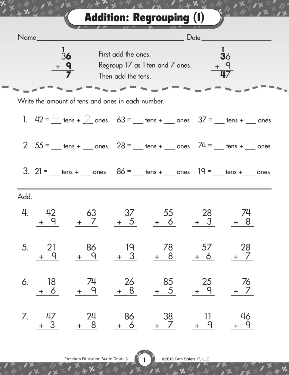 Addition: Regrouping (I): students write tens and ones for each number, then add 2-digit plus 1-digit sums with carrying