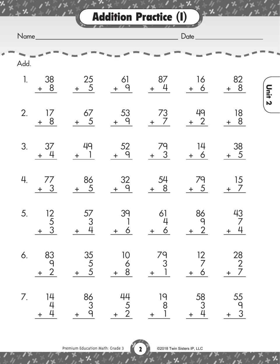 Addition Practice (I): students add 2-digit and 1-digit numbers, including three-addend columns, across 42 problems