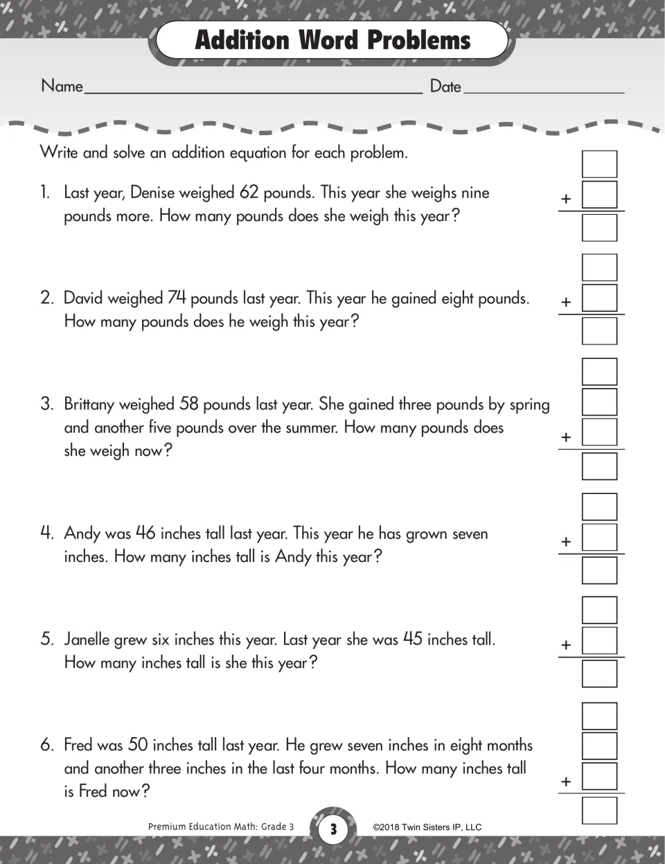 Addition Word Problems: students write and solve an equation for six stories about weight gained and height grown