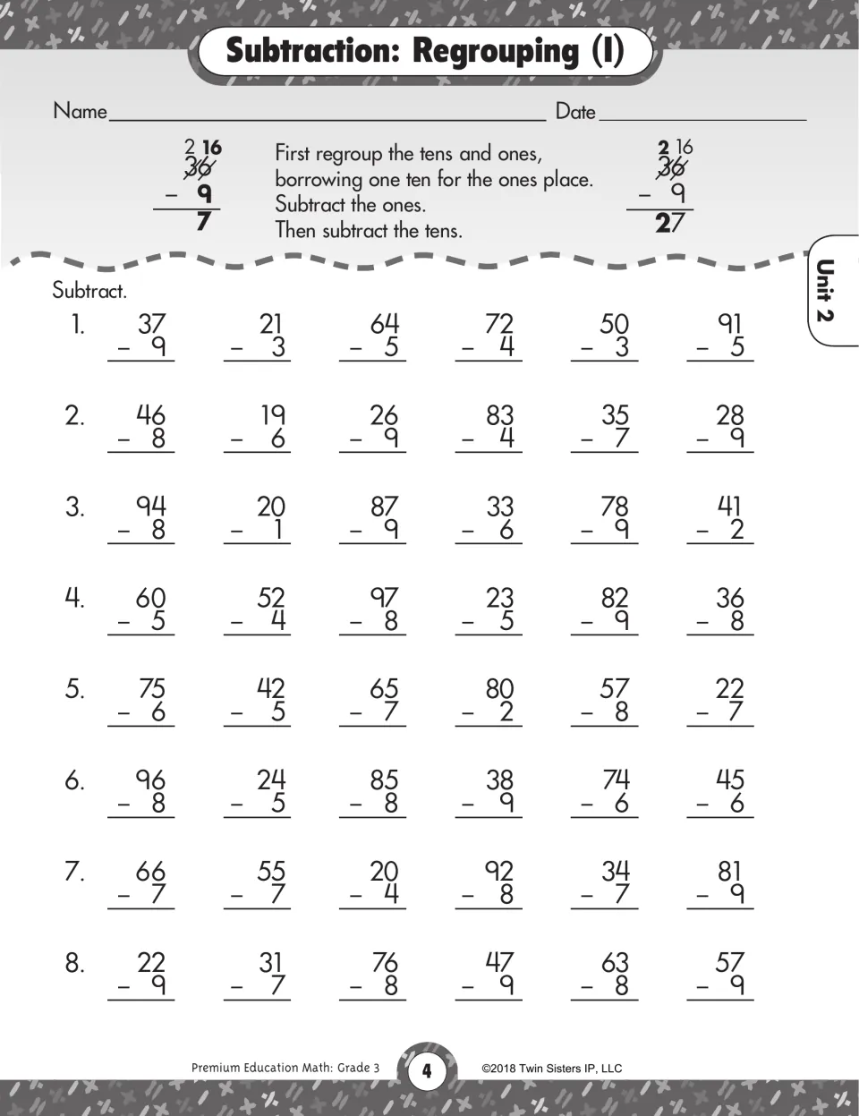 Subtraction: Regrouping (I): a worked example shows borrowing a ten, then 48 problems subtracting 1-digit from 2-digit