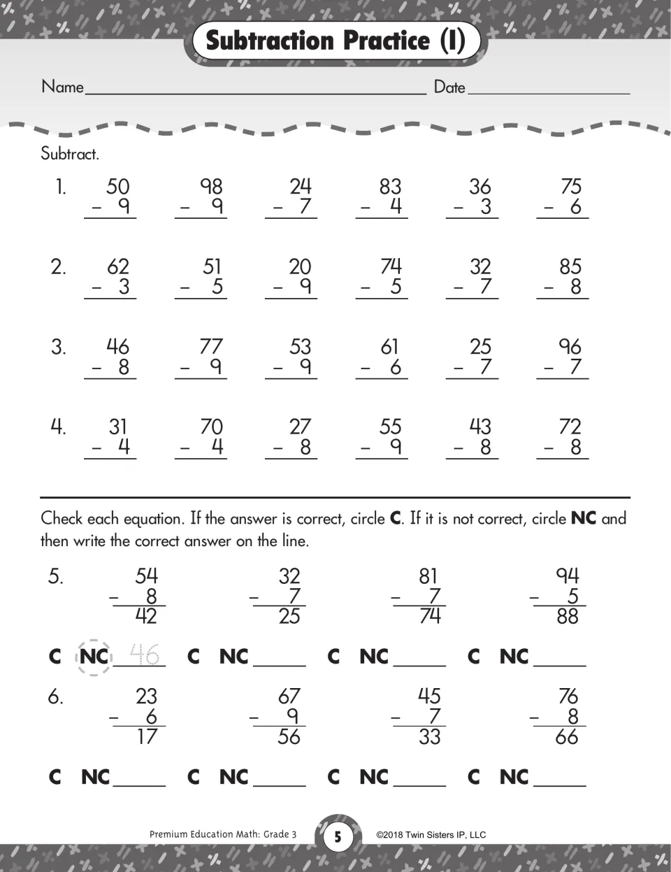 Subtraction Practice (I): students subtract 1-digit from 2-digit numbers, then check eight answers and circle C or NC