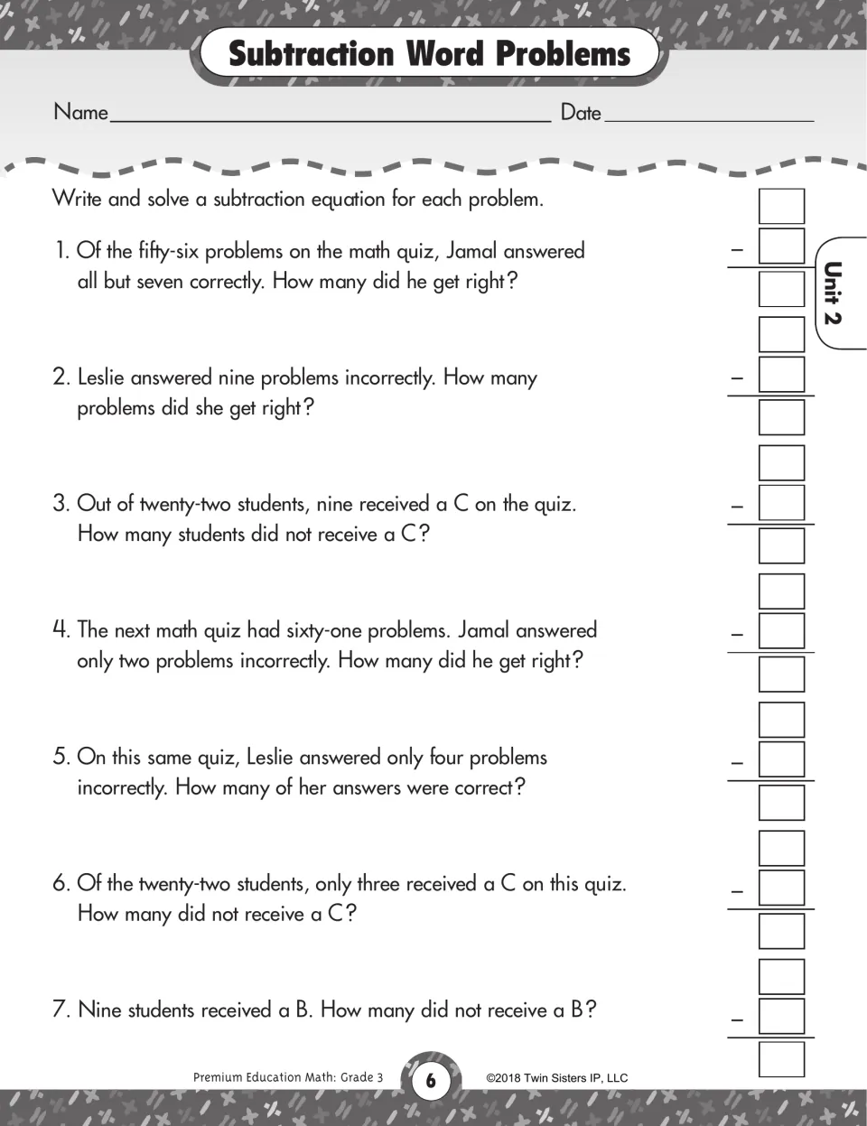 Subtraction Word Problems: students write and solve an equation for seven quiz-score questions about right answers