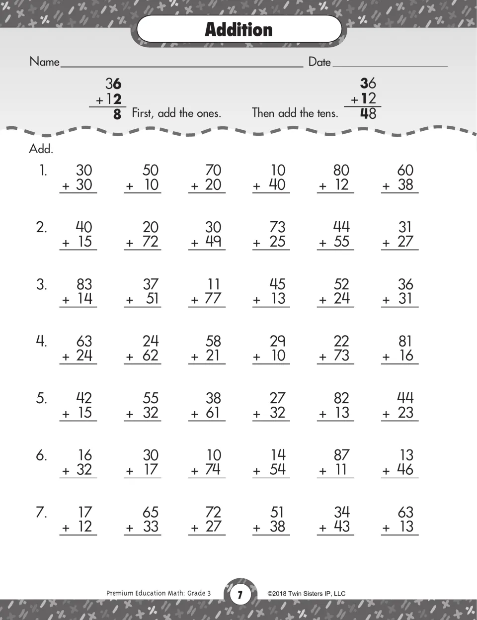 Addition without regrouping: after a worked 36 + 12 example, students add pairs of 2-digit numbers in 42 problems
