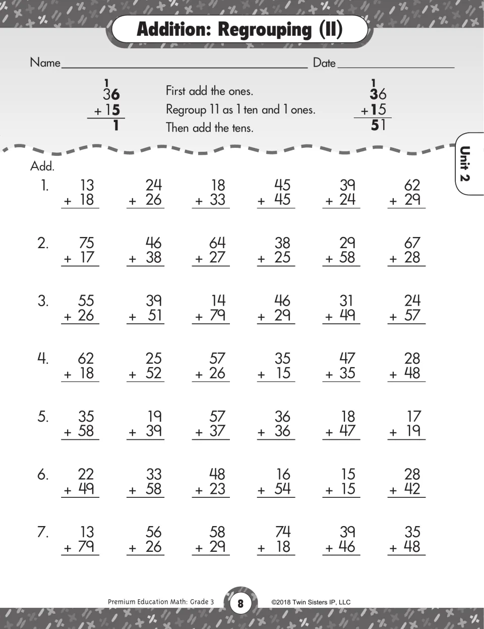 Addition: Regrouping (II): a worked 36 + 15 example, then 42 problems adding two 2-digit numbers with carrying