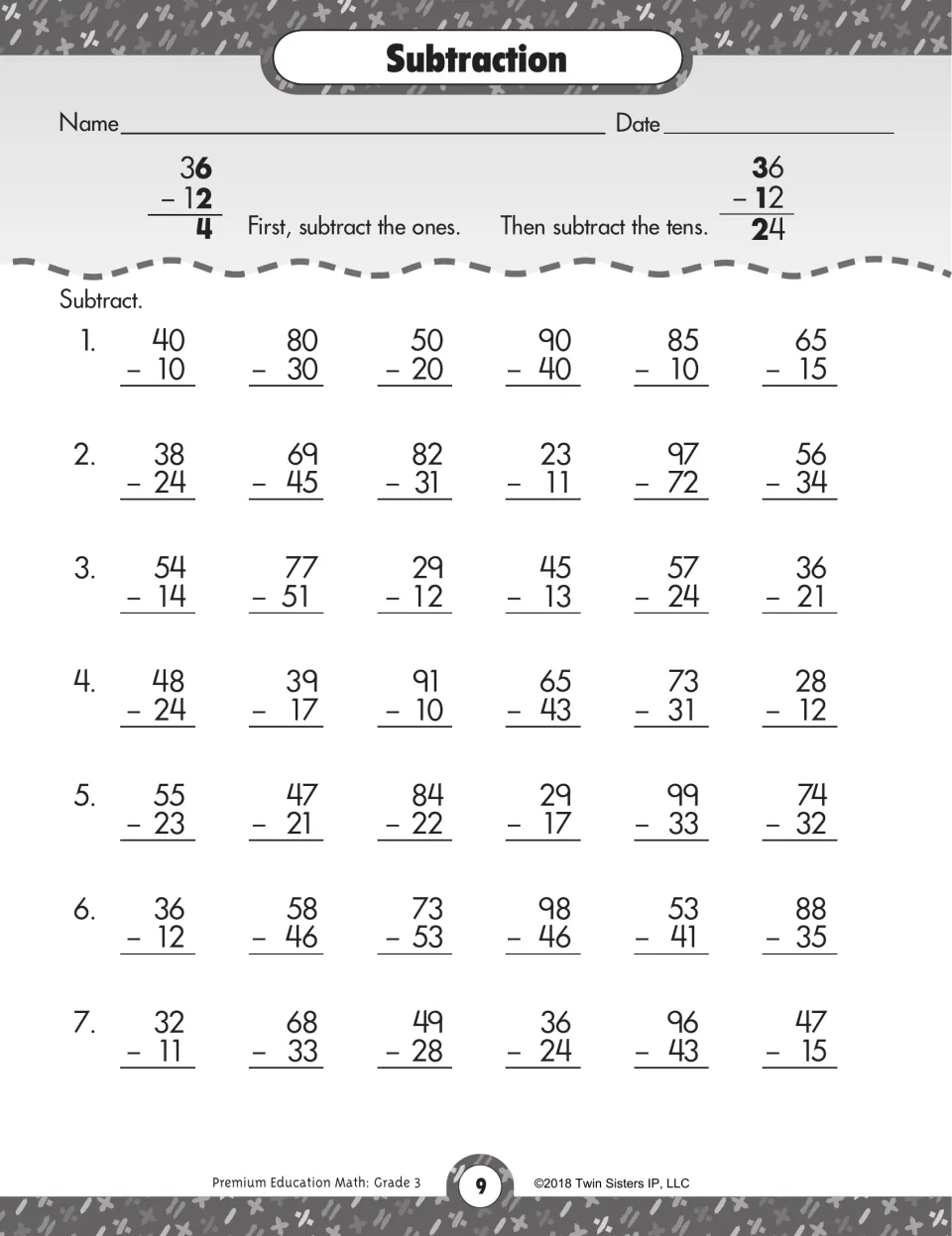 Subtraction without regrouping: after a worked 36 - 12 example, students subtract 2-digit numbers in 42 problems