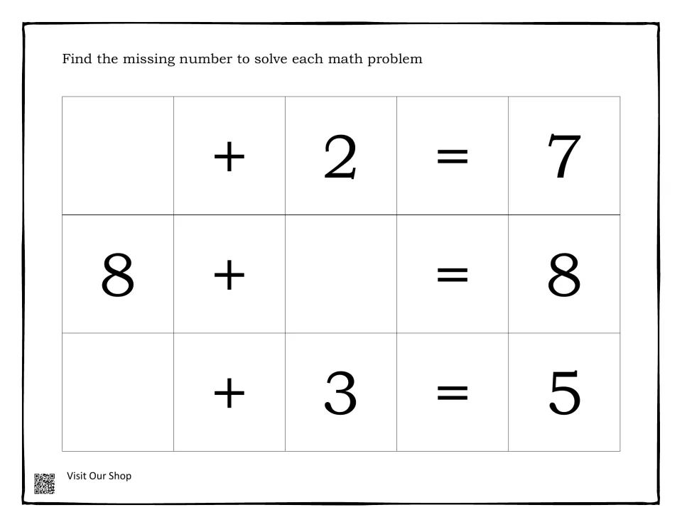 Missing addend practice: students fill the blank in _ + 2 = 7, 8 + _ = 8 and _ + 3 = 5, including adding zero