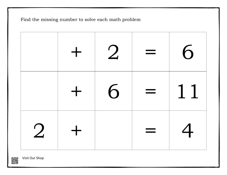 Addition with a missing number: students solve _ + 2 = 6, _ + 6 = 11 and 2 + _ = 4 by finding the unknown addend
