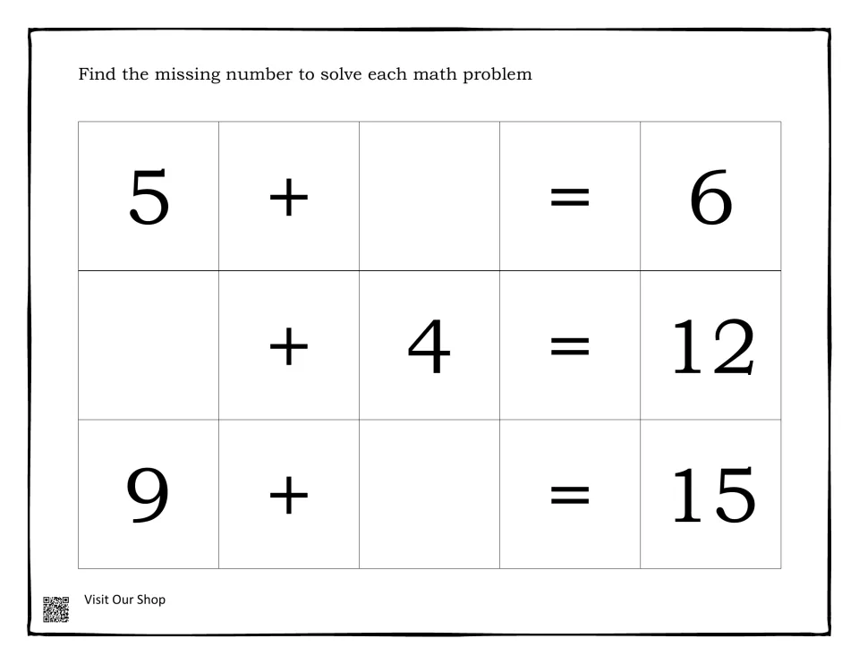 Missing addends to 15: students find the unknown number in 5 + _ = 6, _ + 4 = 12 and 9 + _ = 15