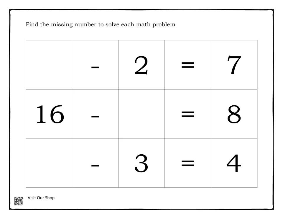 Subtraction with a missing number: students solve _ - 2 = 7, 16 - _ = 8 and _ - 3 = 4 by finding the unknown