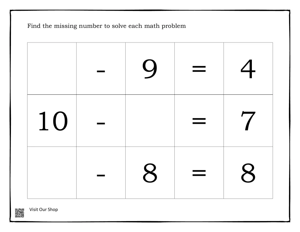 Missing number subtraction to 16: students solve _ - 9 = 4, 10 - _ = 7 and _ - 8 = 8 by finding each unknown