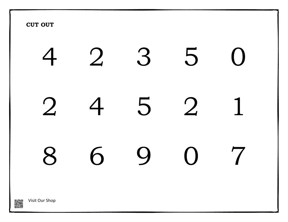 Cut-out number tiles: 15 numbers from 0 to 9, such as 4, 2, 3, 5 and 0, for students to place in the equation blanks