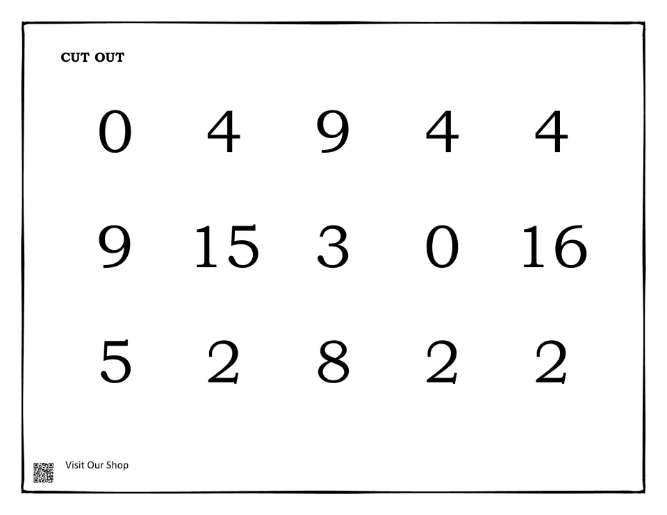 Second set of cut-out number tiles: 15 numbers including 0, 4, 9, 15, 16 and 2 for filling the missing-number blanks