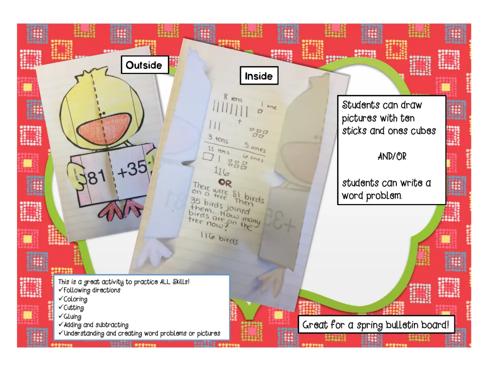 Chick craft example: 81 + 35 on the outside; inside, a tens-and-ones drawing and a birds-in-a-tree word problem equal 116