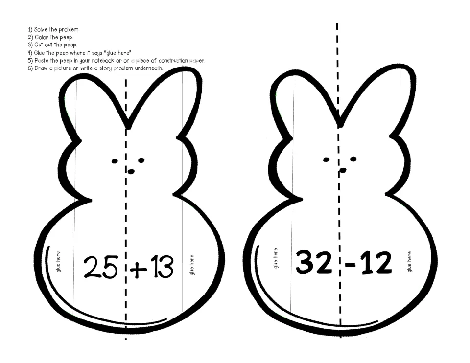 Two-digit addition and subtraction peep bunnies, 25 + 13 and 32 - 12: students solve, color, cut out and glue each flap