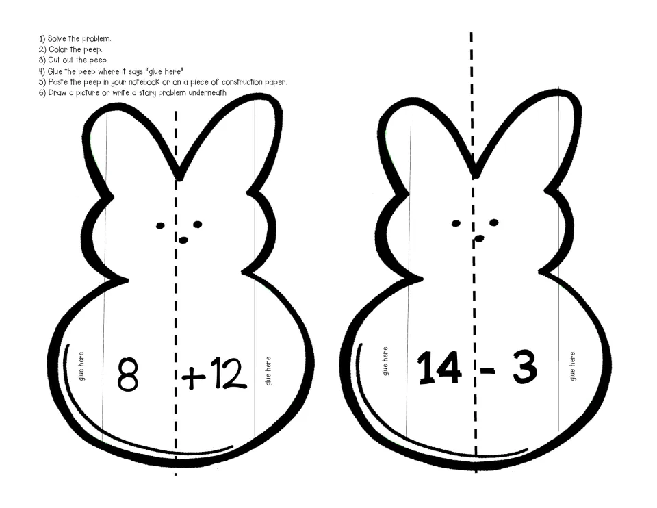 Peep bunny cut-outs for 8 + 12 and 14 - 3: students solve each fact, then draw a picture or write a story problem under it